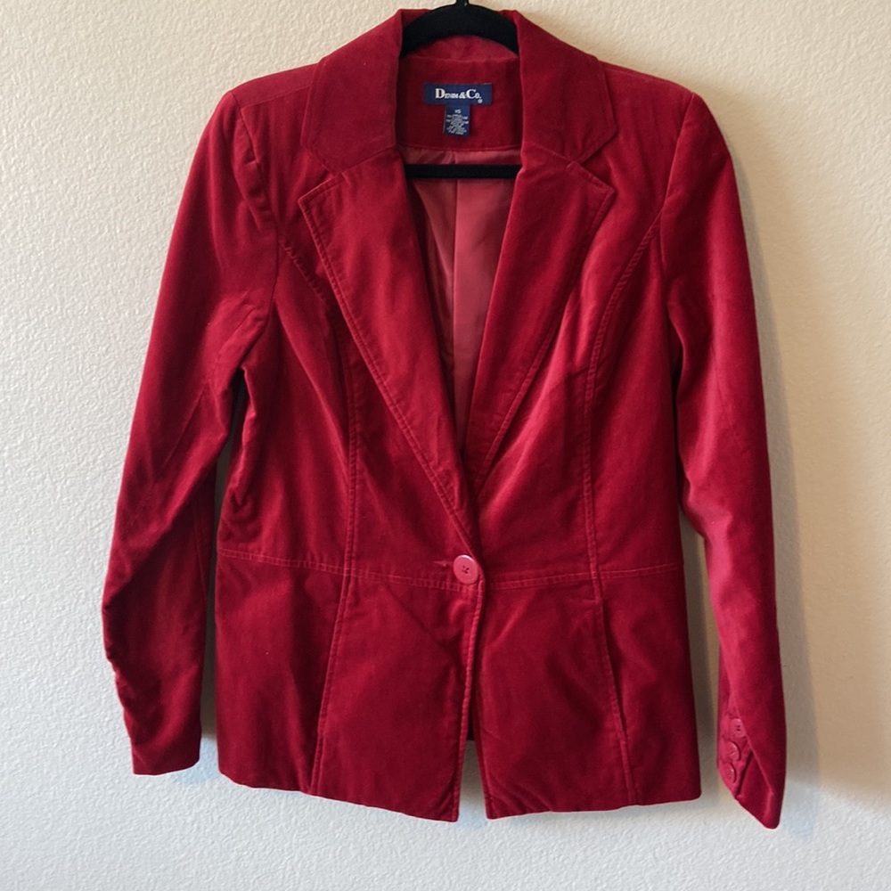 VINTAGE 90s Denim & Co Soft RedWine Color Tapered 2 pockets Blazer